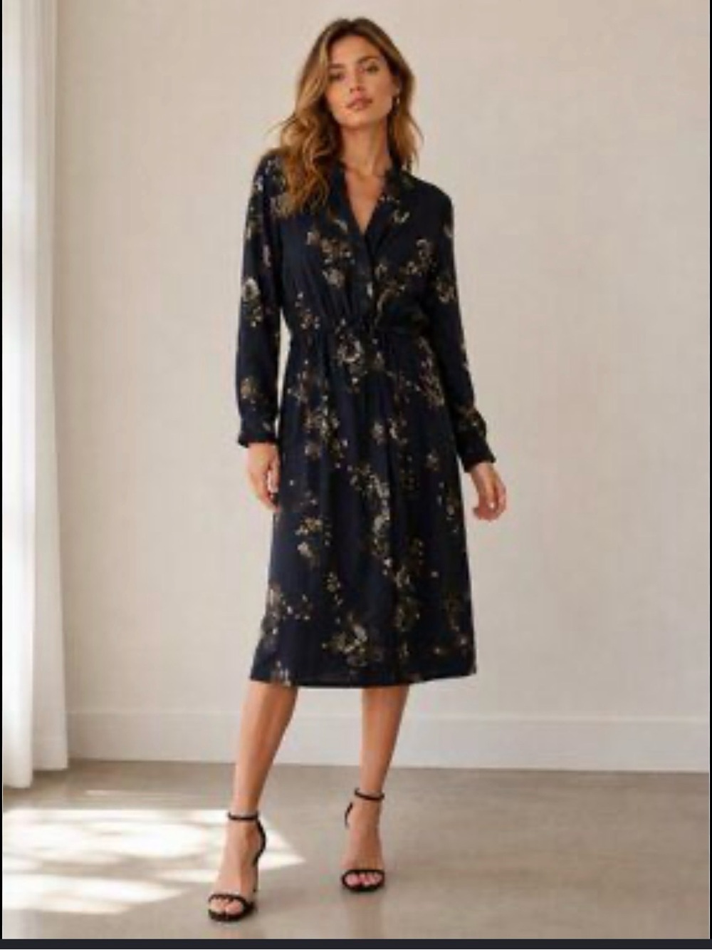 Vince Silk Navy Floral Long-Sleeve Midi Dress Small